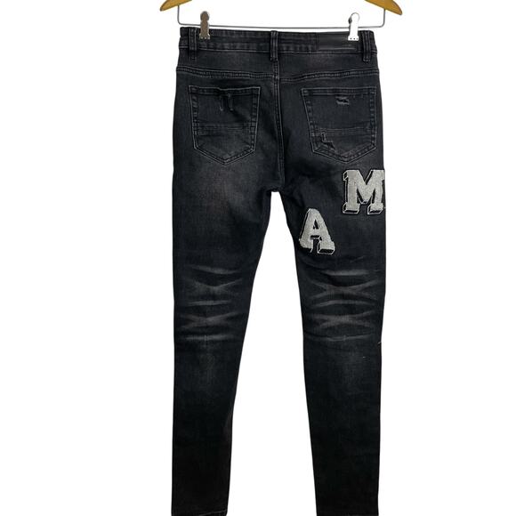 Amiri Skinny Jeans Mens 29 Black Distressed Varsity Logo Designer Denim Stretch - Picture 2 of 10